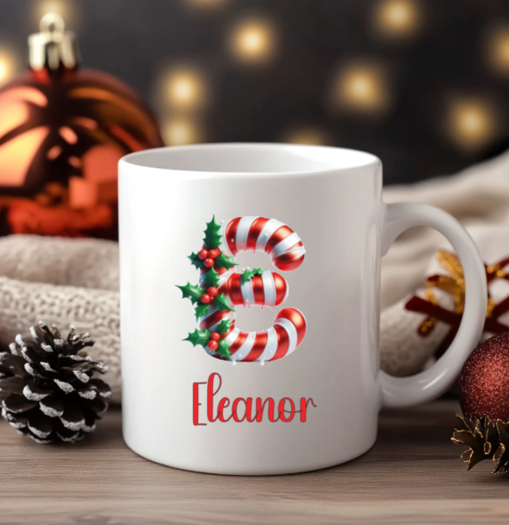 Cute Personalised Candy Cane Letter Mug