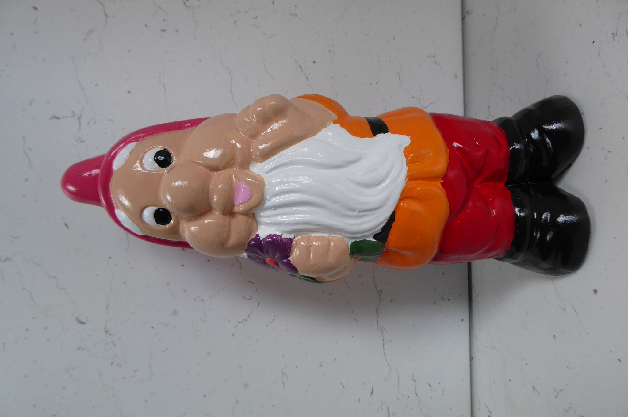 Handcrafted & Hand Painted Garden Gnome Holding Purple Flower 25cm tall Cast Stone