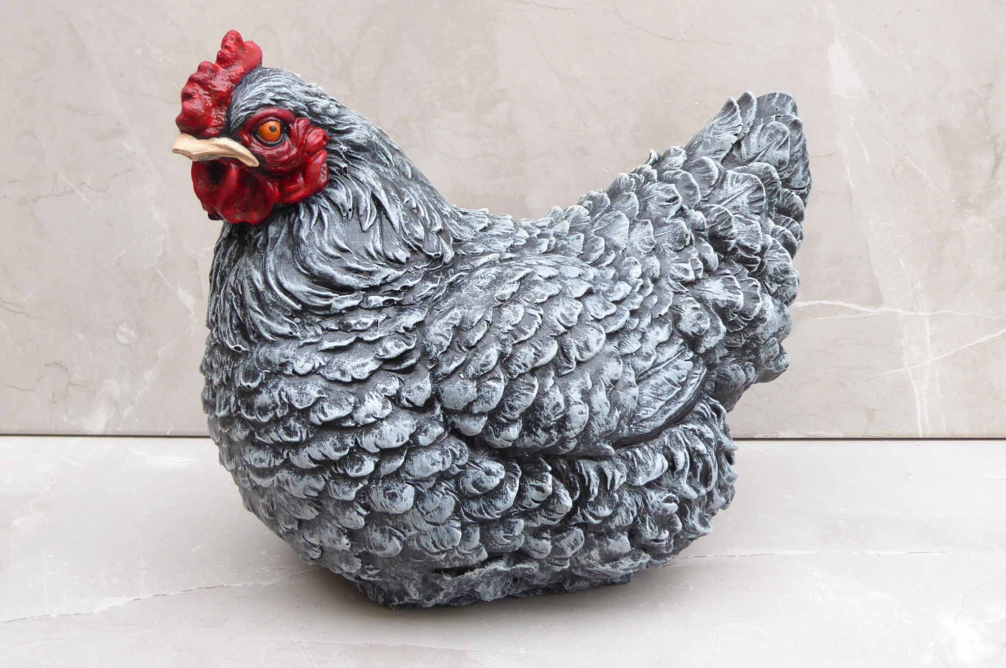 Handcrafted Aged Stone Affect With Some Colour Detail Cast Stone Hen Chicken Garden Ornament Statue