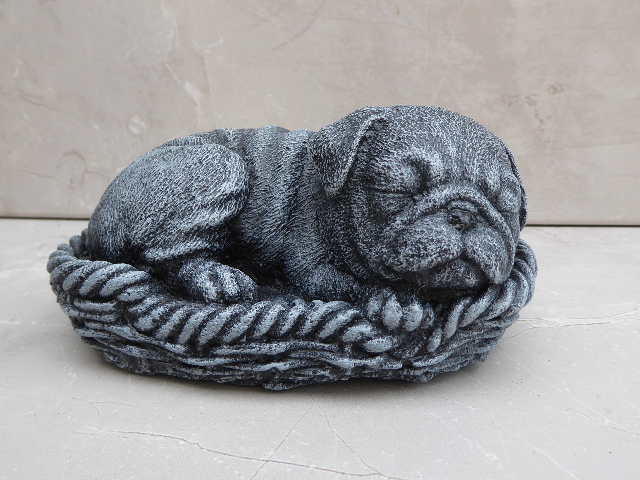 Cast Stone Handcrafted Pug Sleeping in Basket Garden Ornament 16cm long