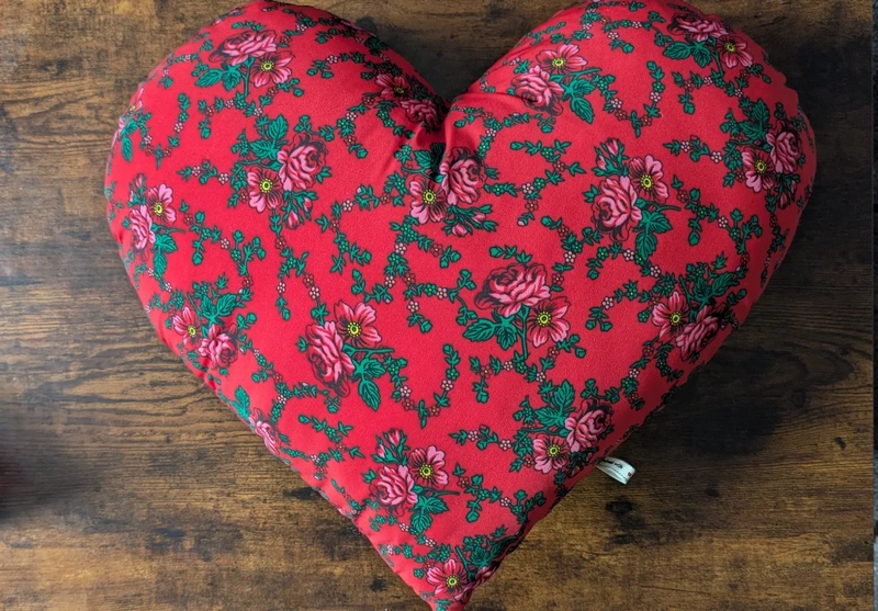 Handmade Heart-Shaped Cushion - Red Floral Folk Art