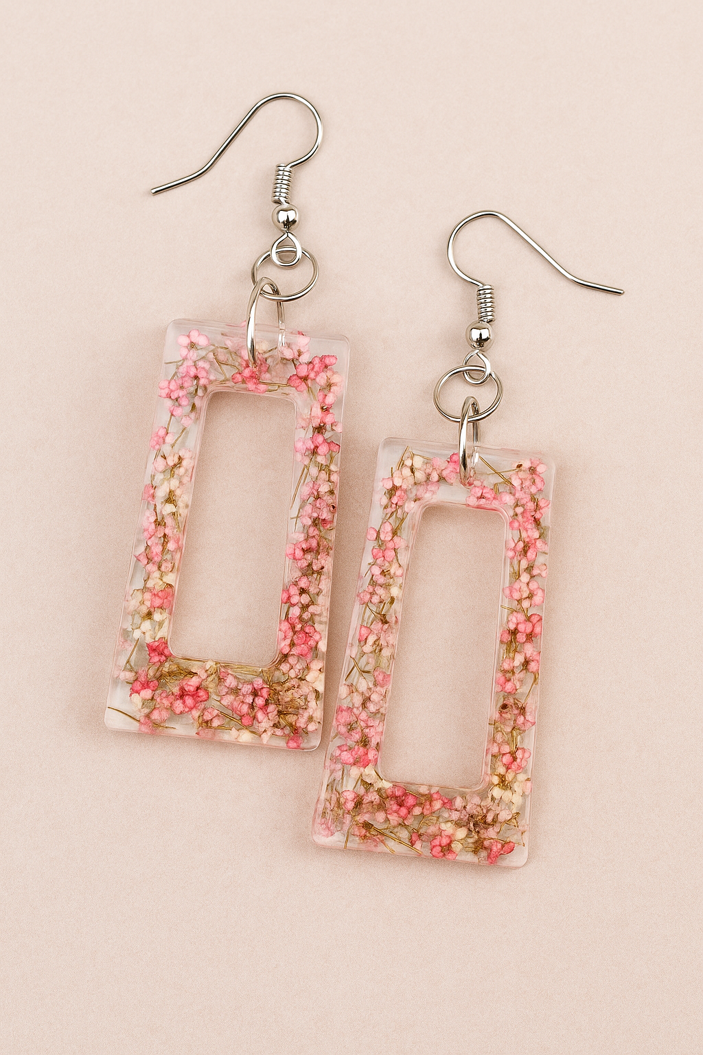 Pink & White Real Pressed Flowers - Rectangle Dangle Earrings