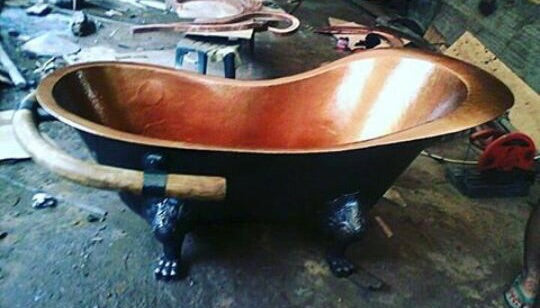 Handcrafted Copper Freestanding Bathtub With A Teak Towel Bar - Spa Quality