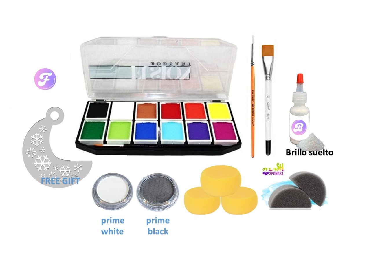 Kit básico de face paint con blanco/negro adicional y brillo (pre-orden)