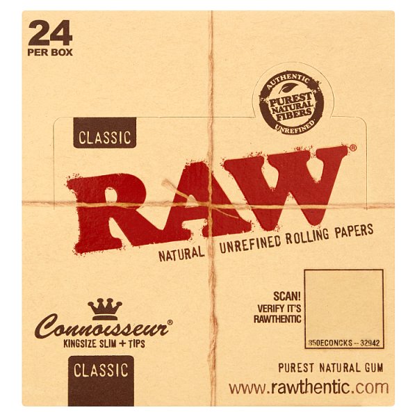 RAW Classic Connoisseur King Size Slim Rolling Papers & Tips Pack size Case of 24