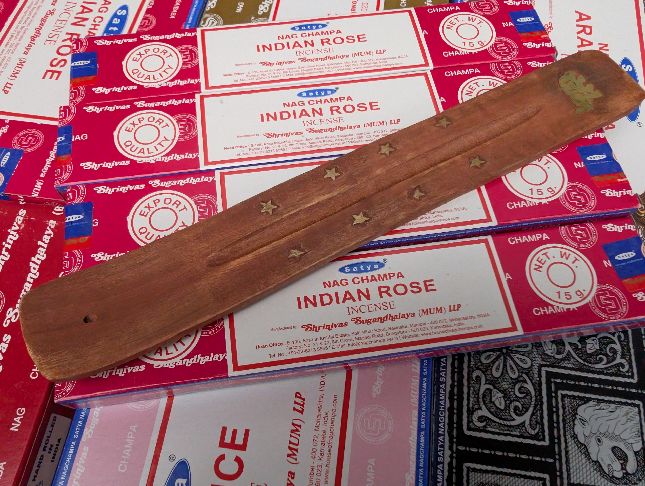 4 Packs of Satya 15g Indian Rose Incense plus 1 holder