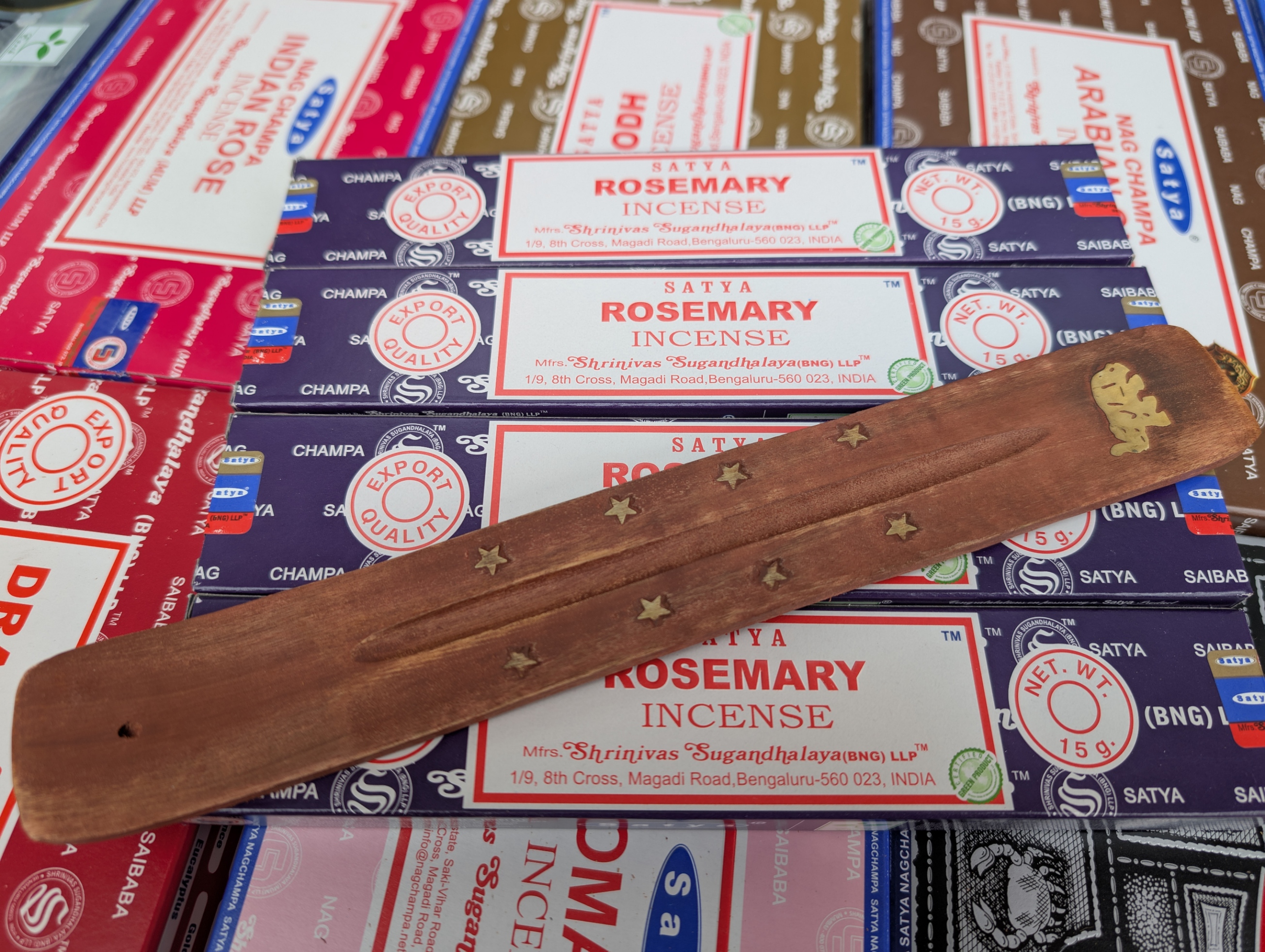 4 Packs of Satya 15g Rosemary Incense plus 1 holder