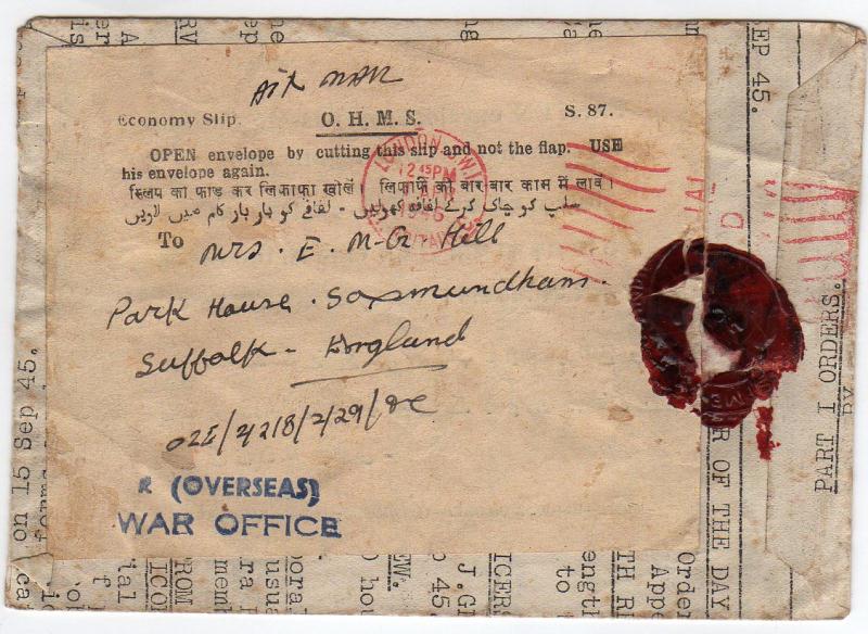 Military Document used as envelope 1946