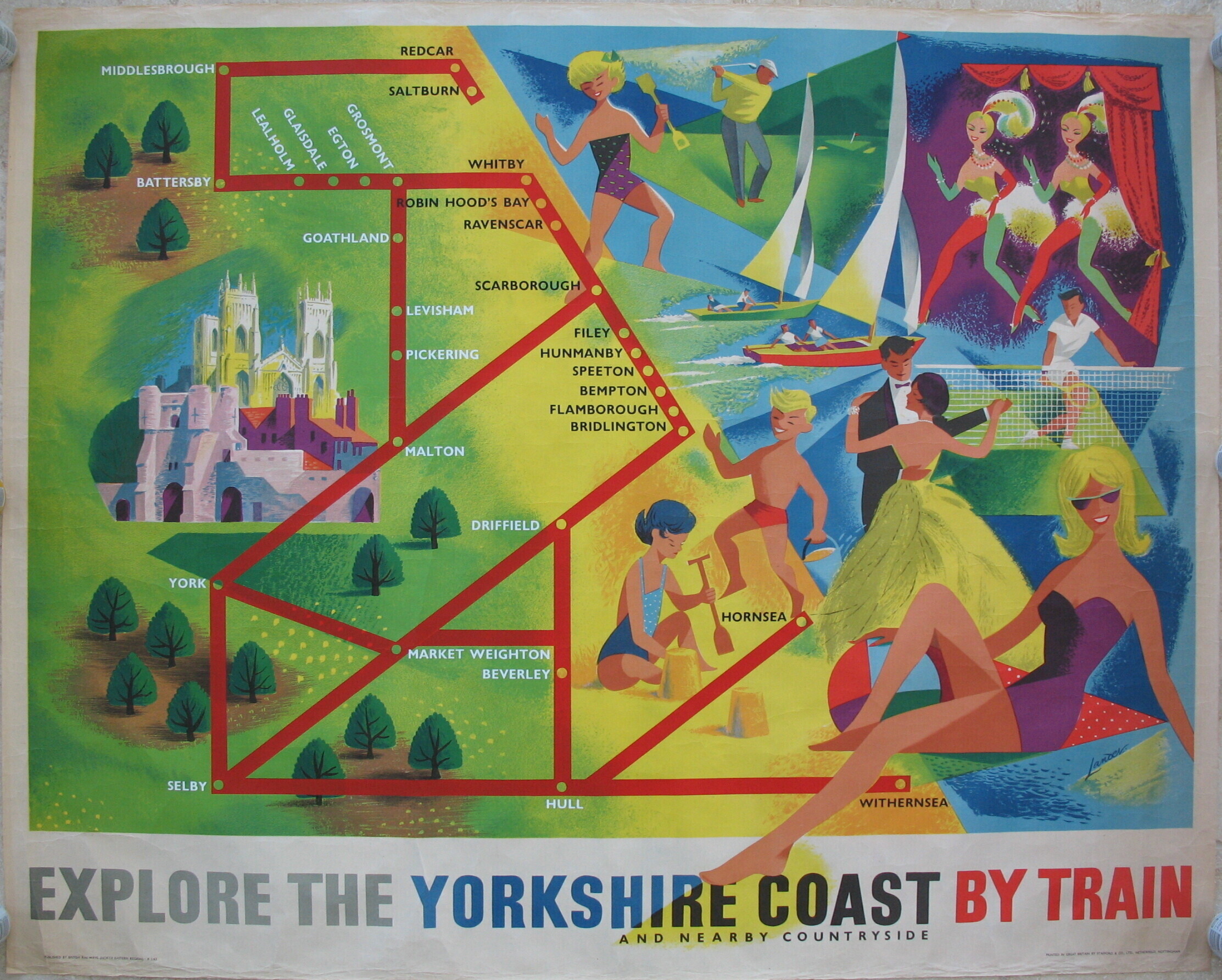 Original Railway Poster Explore The Yorkshire Coast And Nearby Countryside By Train With Railway Lines By Reginald Lander