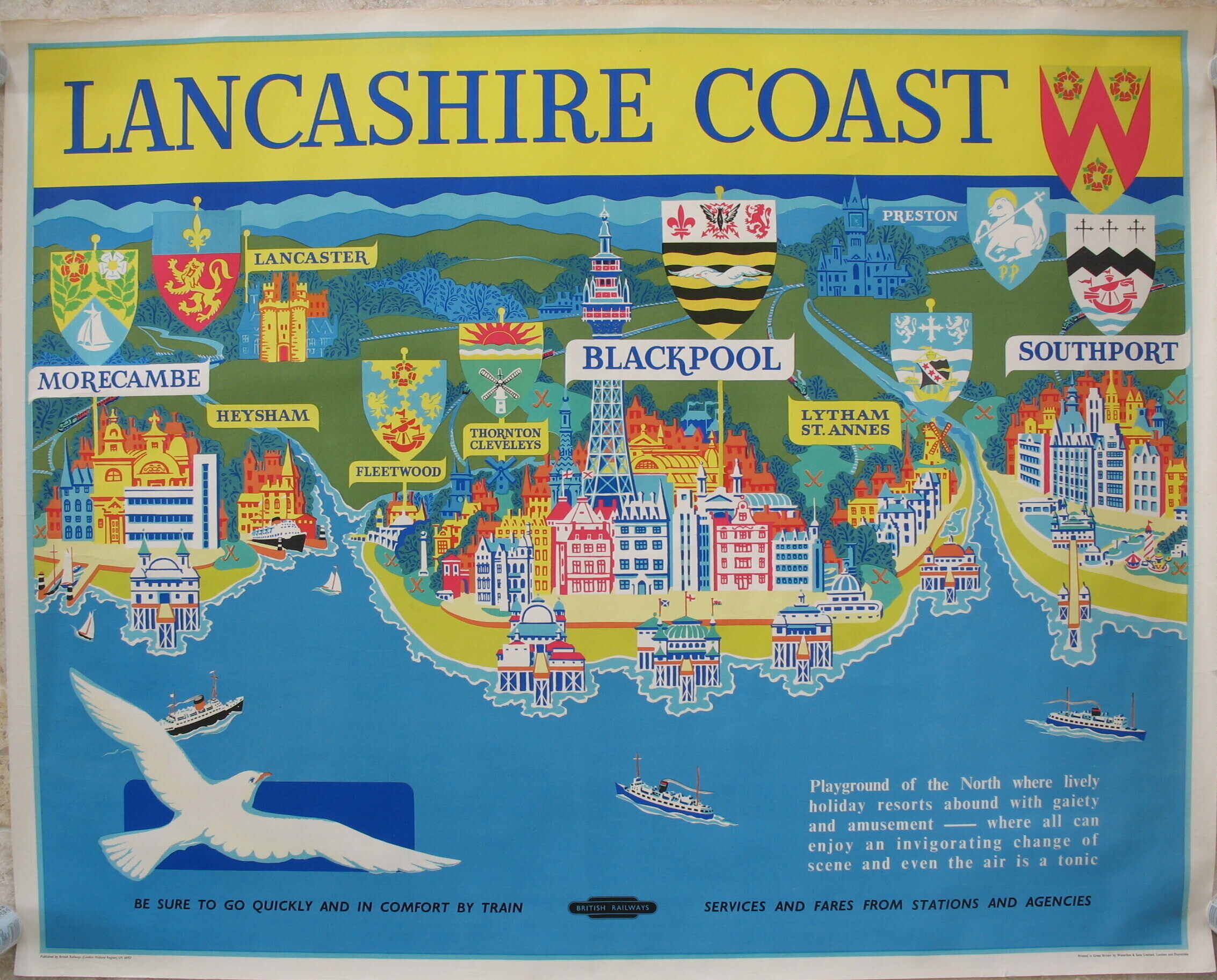 Original Railway Poster Lancashire Coast Be Sure To Go Quickly And In Comfort By Train Pictorial Map
