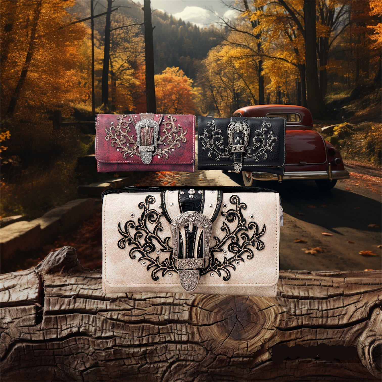 Western Origin Floral Trifold Wristlet Wallet For Women - Cowgirl Style With Rhinestones & Strap