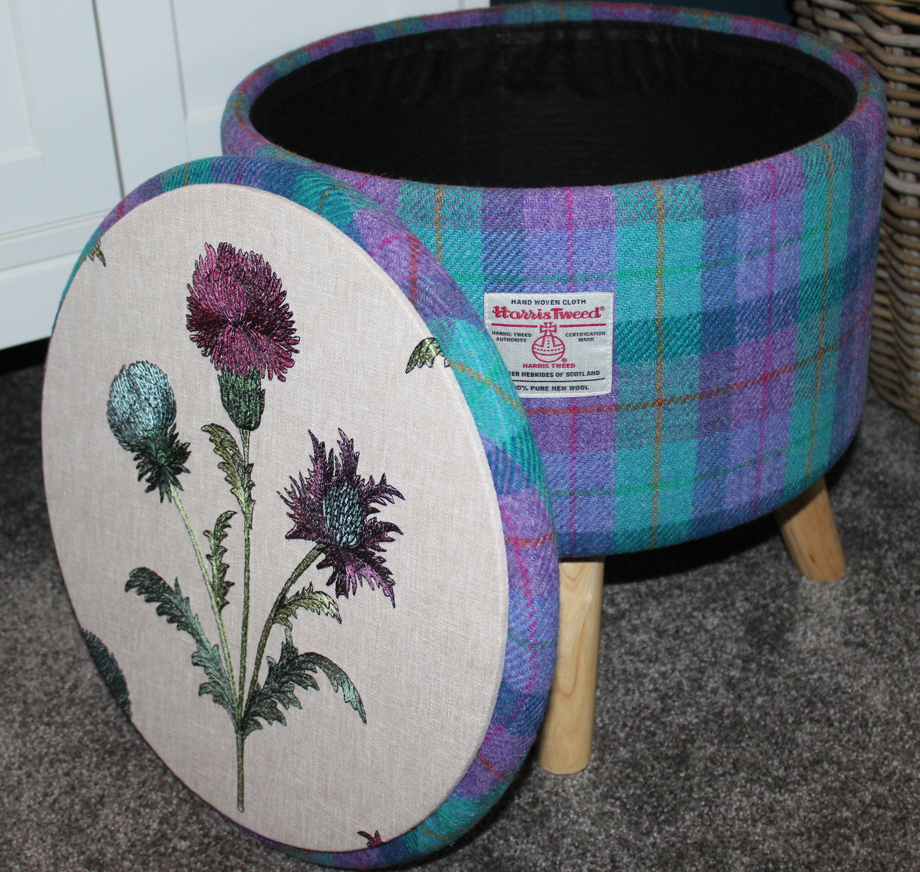 Large 40x40x40cm STORAGE Stool/Footstool Purple Turquoise Check