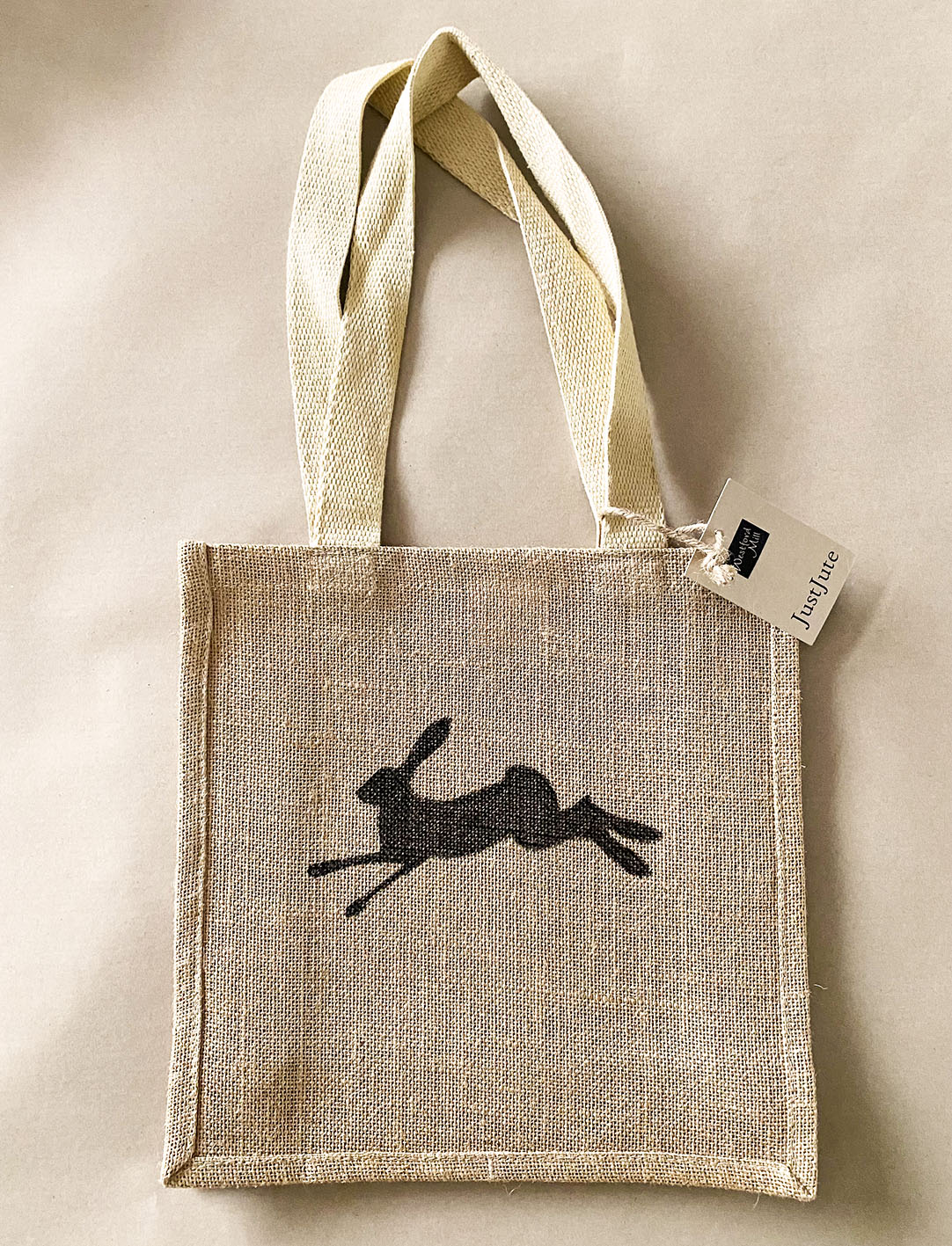 Hand Drawn Leaping Hare Jute Compact Tote