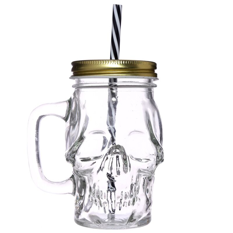 Skull Shaped Jar with Lid & Straw