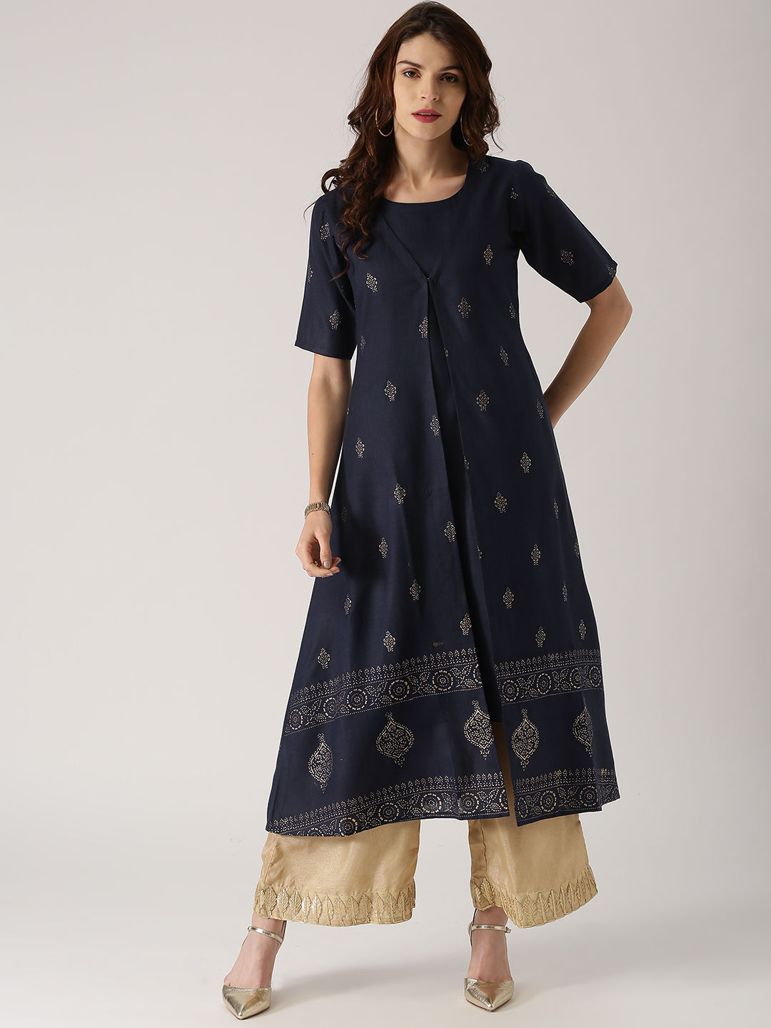 Navy Blue Kurta with Printed Layer : L