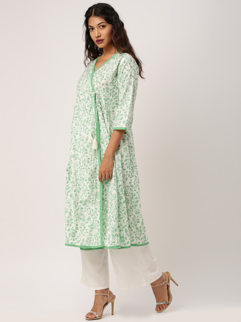 White & Green Printed A-Line Kurta : XL