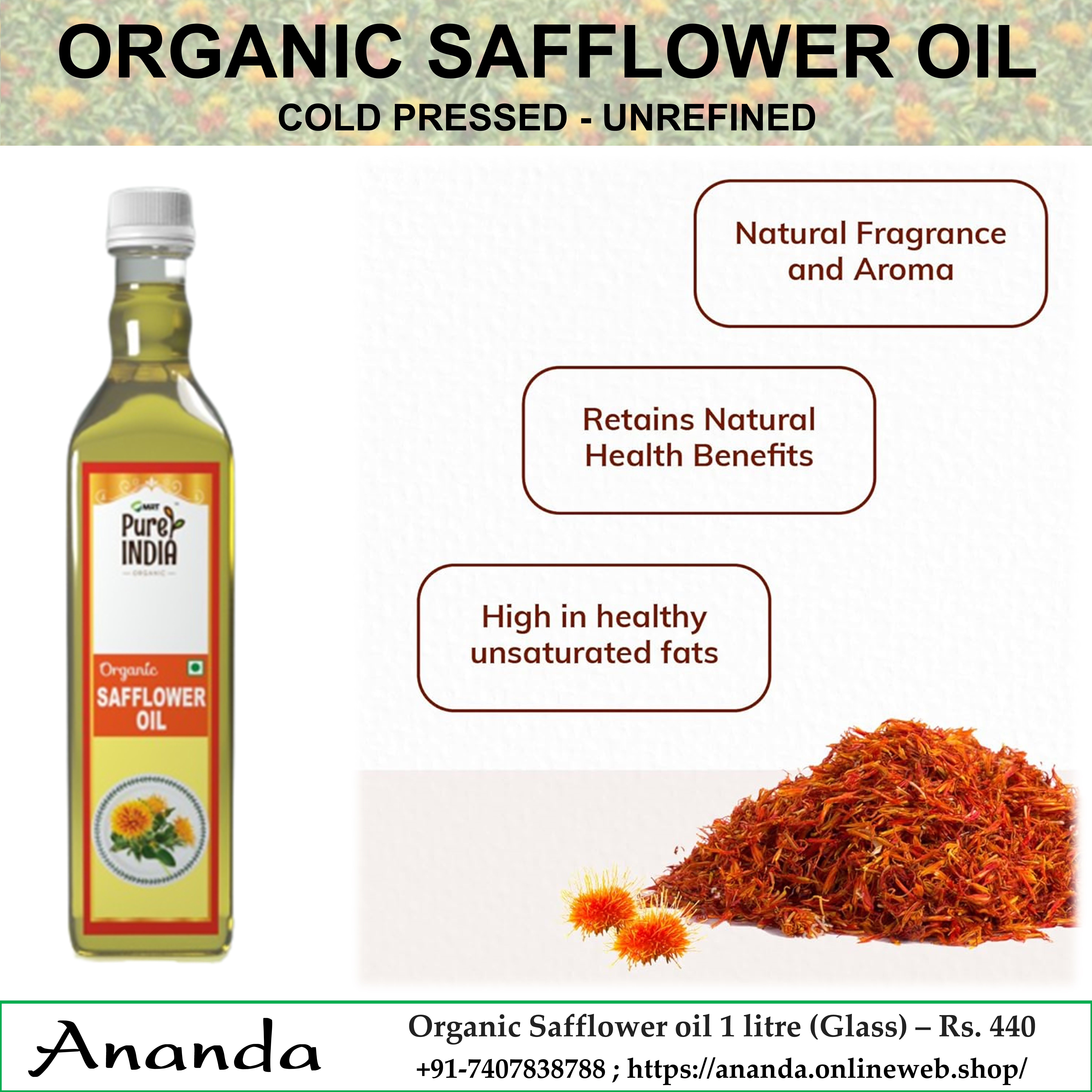Organic Safflower oil 1 litre (Glass)