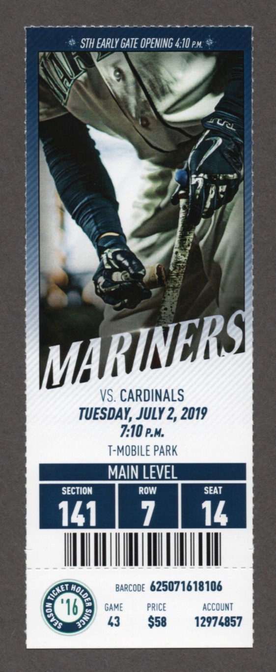 Austin Adams 1st WIN 20190702 Seattle Mariners vs St. Louis Cardinals Full Season Ticket