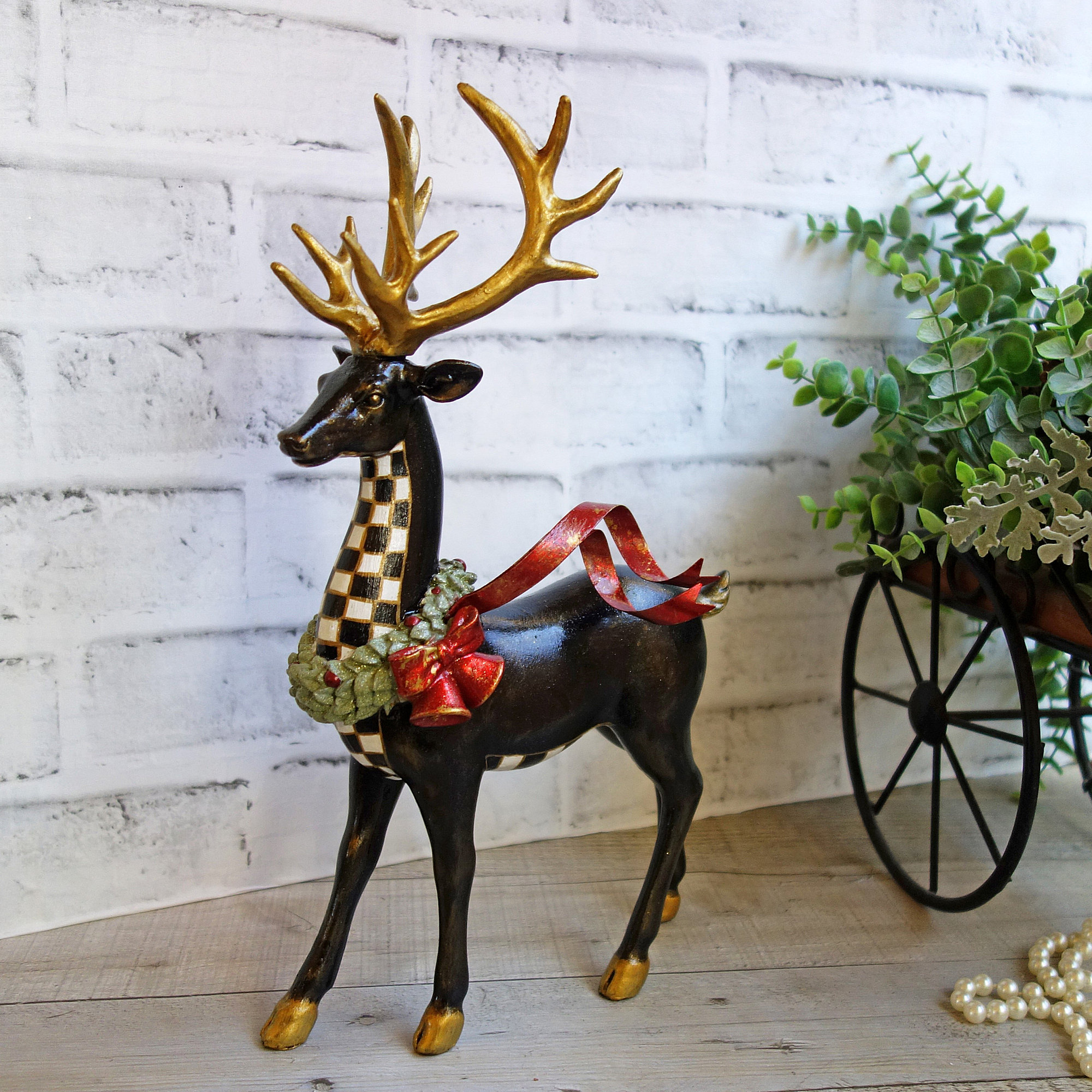 Checked Reindeer Checked Mantle Decor