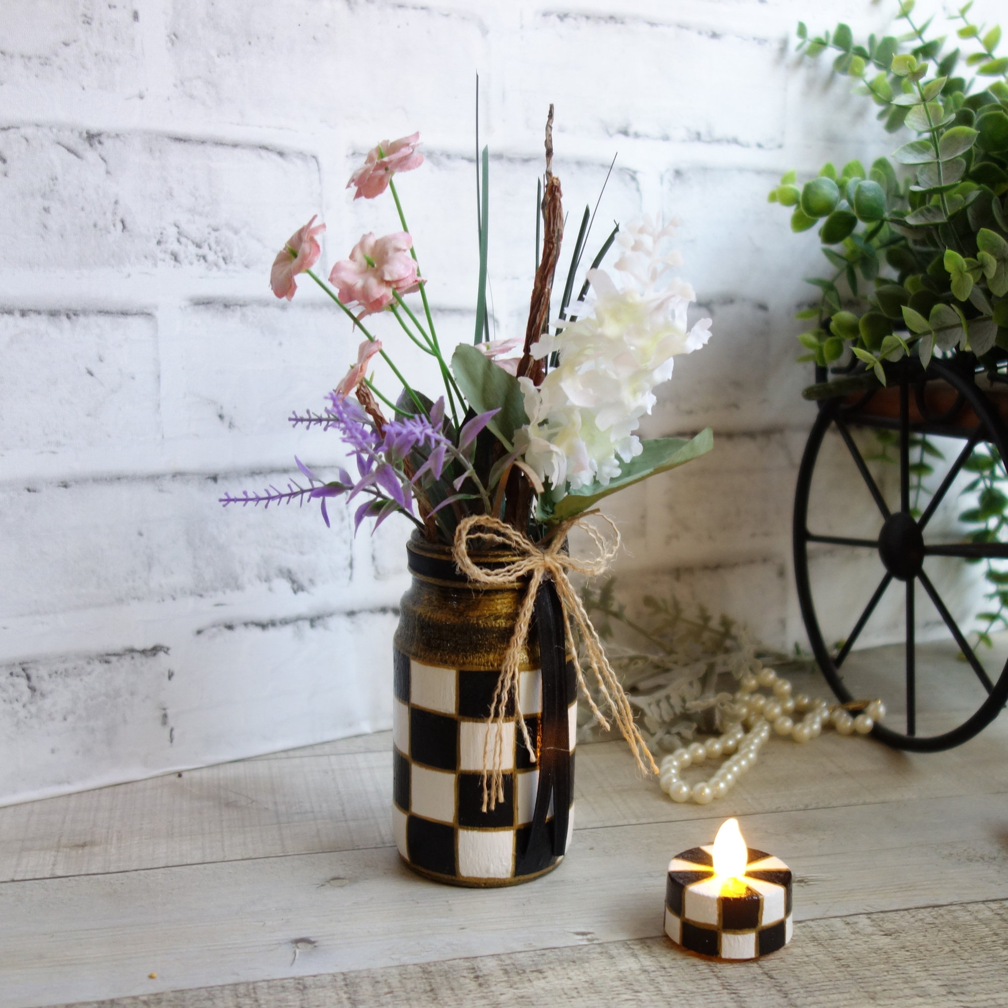 Checked Vase and Tea Light Candle Small Wildflower Arrangement
