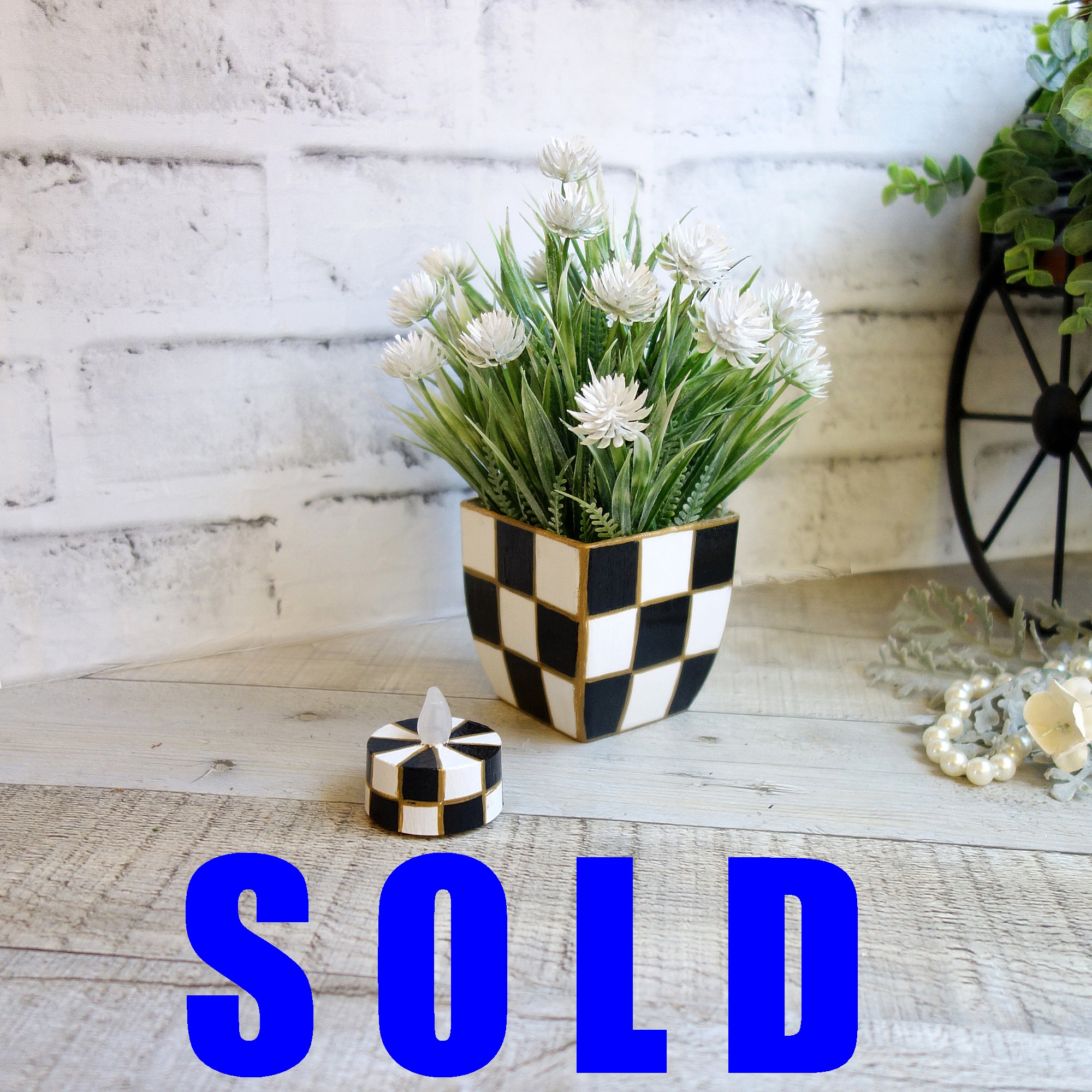 Checked Flower Pot Artificial Floral Courtly Style Decor