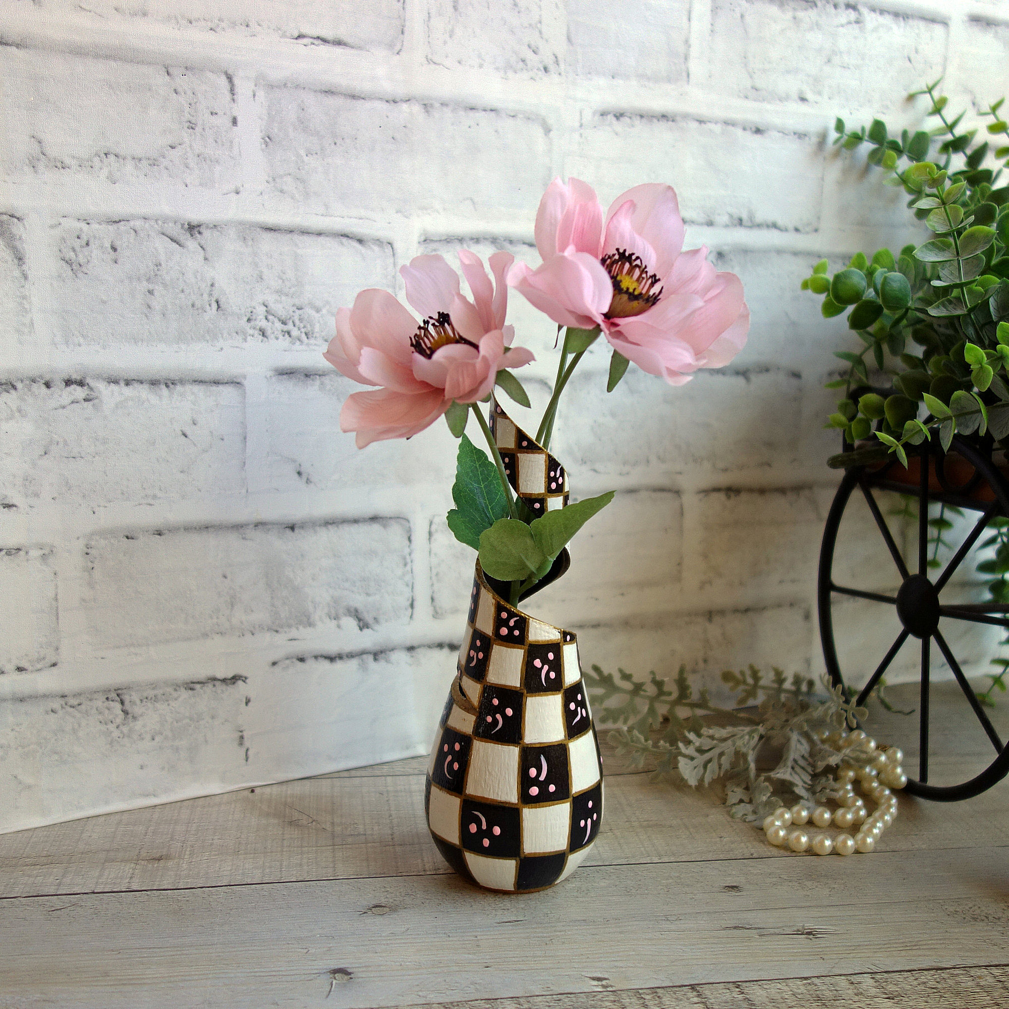Whimsical Checked Swirl Vase with Pink Anemones