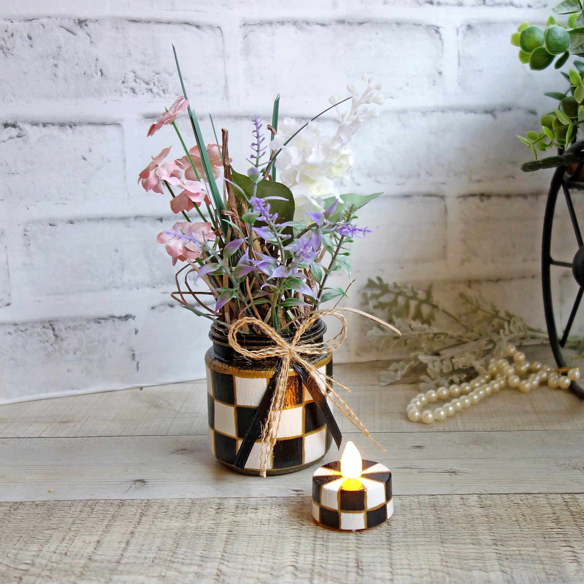 Checked Vase and Tea Light Candle Small Wildflower Arrangement