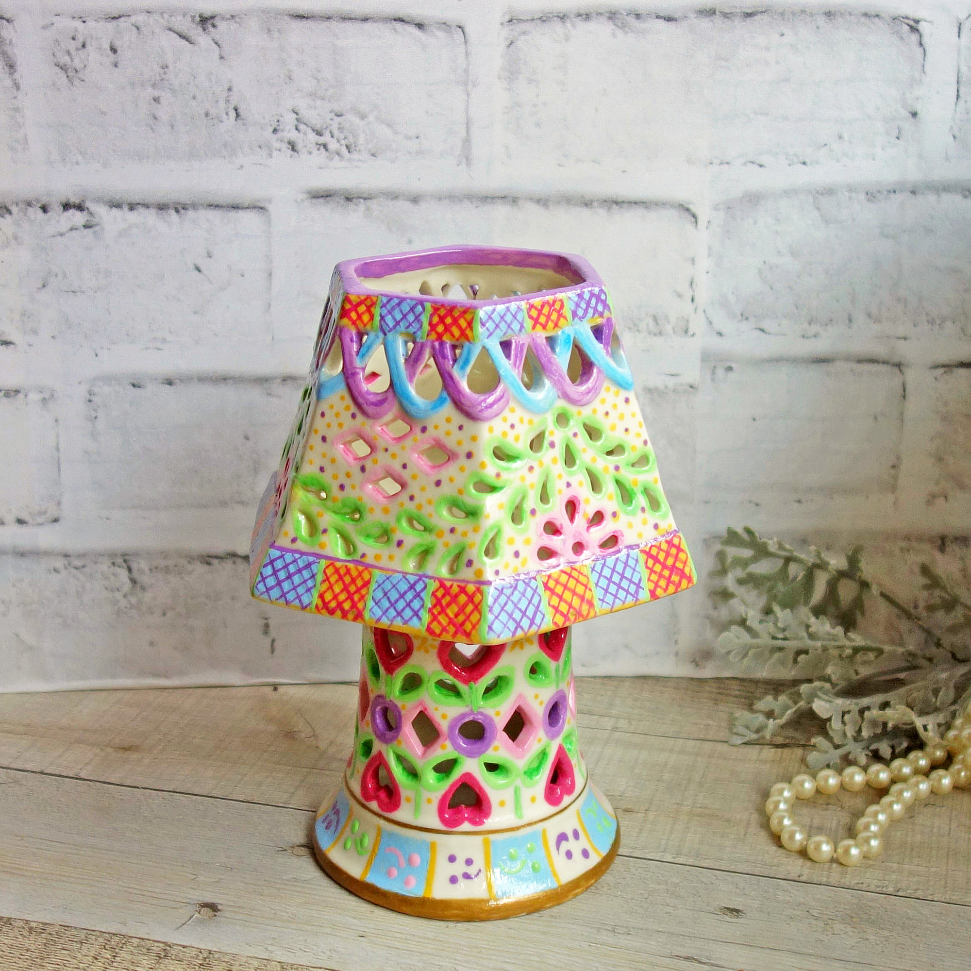 Whimsy Painted Tea Light Candle Holder Chintz Decor