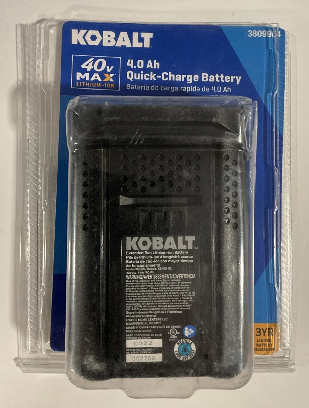 Genuine Kobalt 40v MAX 4.0 Ah Extended Run Li-Ion Battery KB 440-03