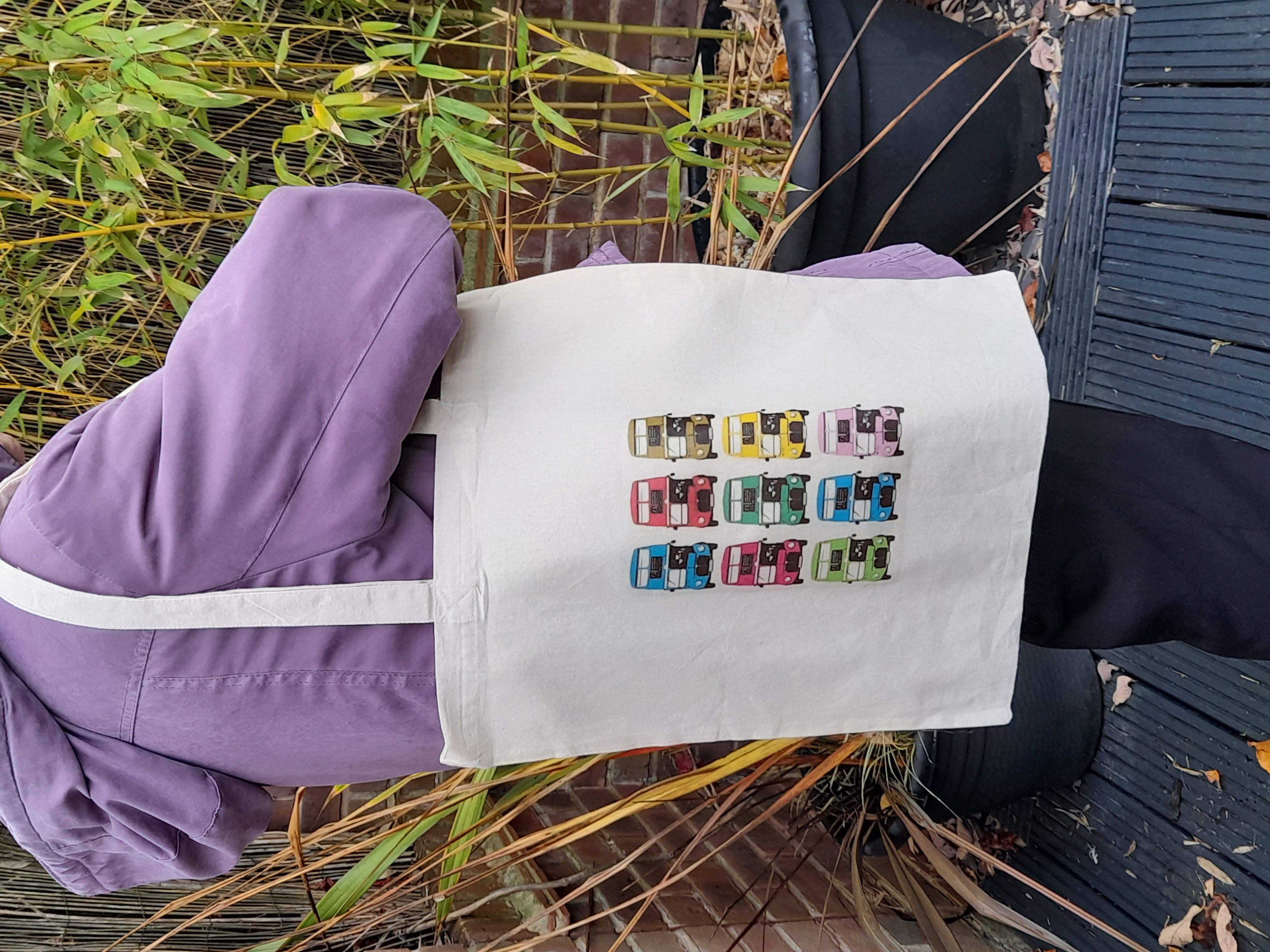 Shoulder Tote Bag With Colourful Buses image Transfer, Eco Friendly reusable
