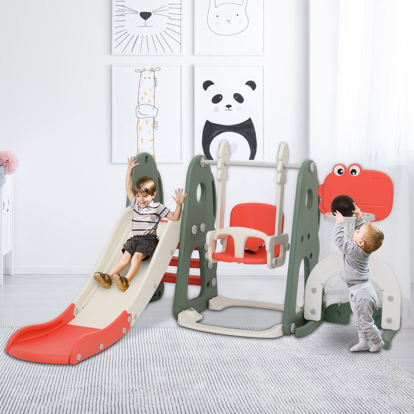 5-in-1 Toddler Slide and Swing Set, Kids Play Climber Slide Playset w/Basketball Hoop, Soccer Goal, Golf