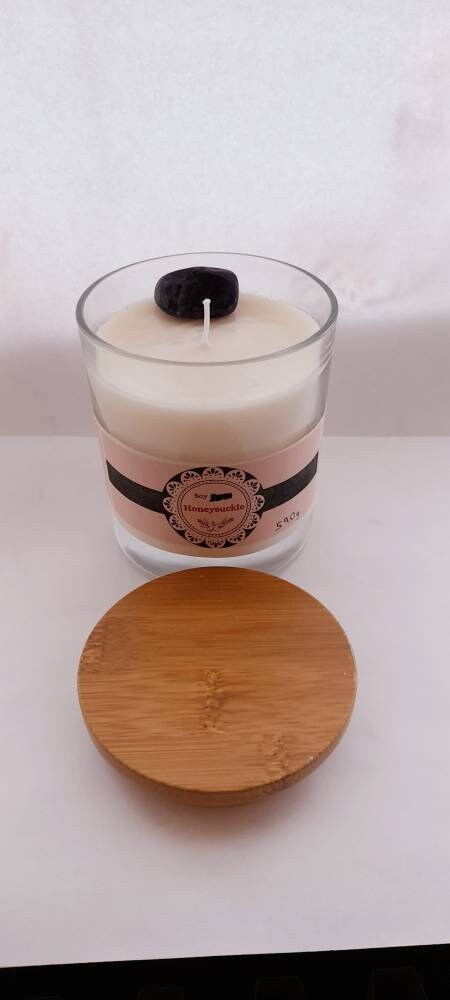 30cl Honeysuckle - Luxury scented Soy Candle with lid + Amethyst stone, boxed. Carol's Candles