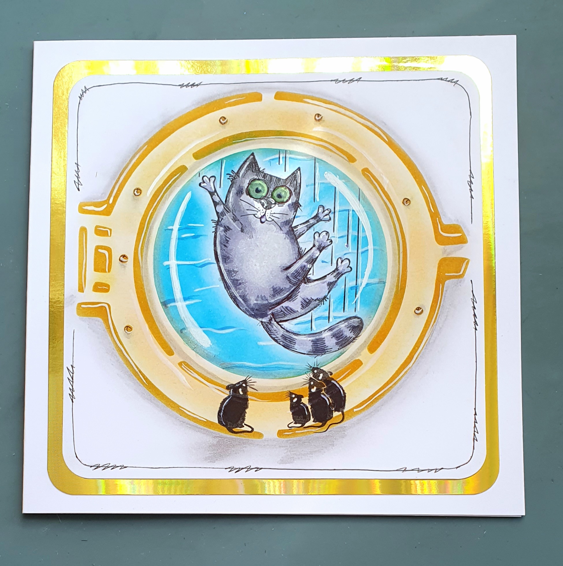 Panic at the Porthole – Handmade Cat & Mouse Greeting Card by AngieD