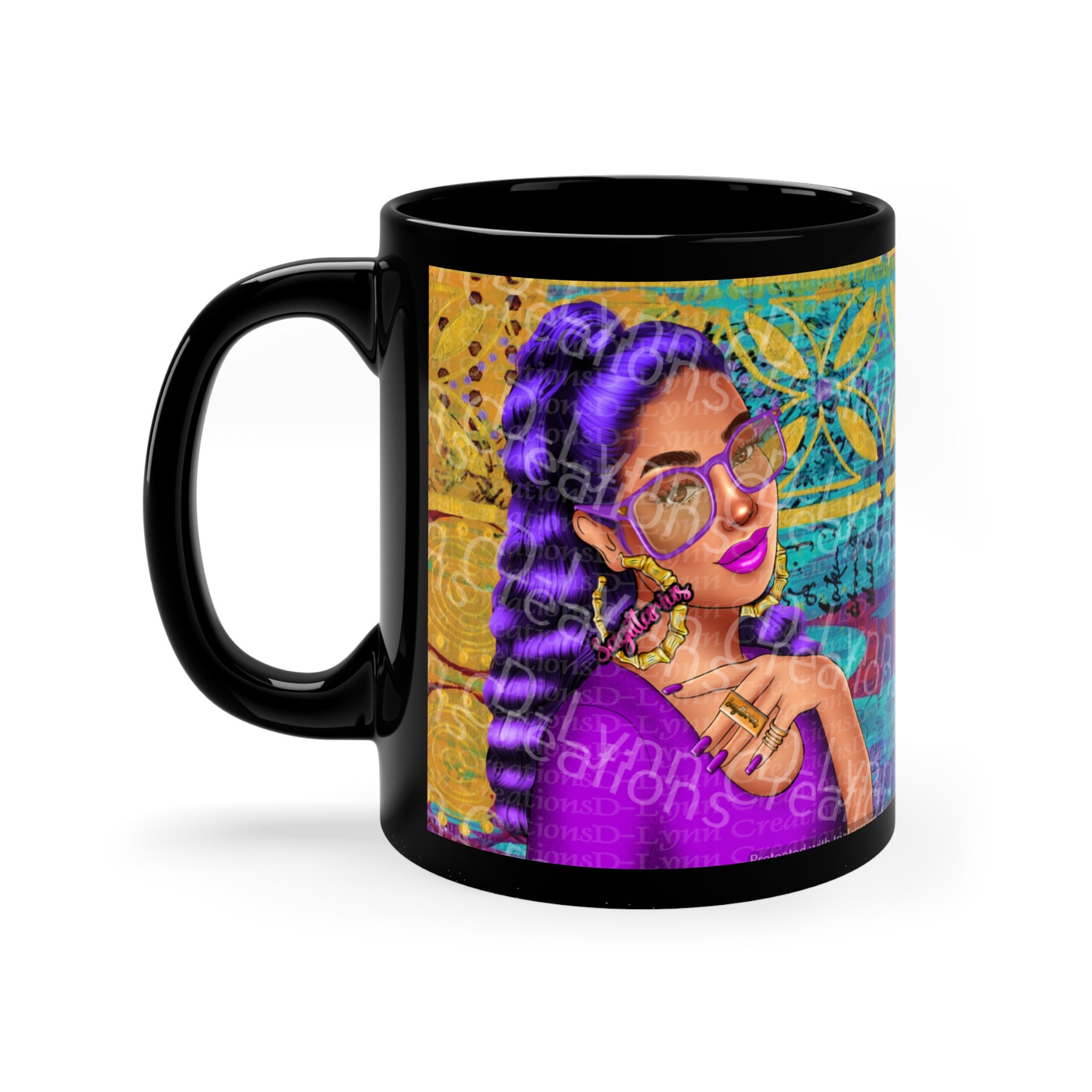 Her Zodiac Sign is Sagittarius, Light Skinned Woman of Color 11oz Black Ceramic Mug (watermark remov