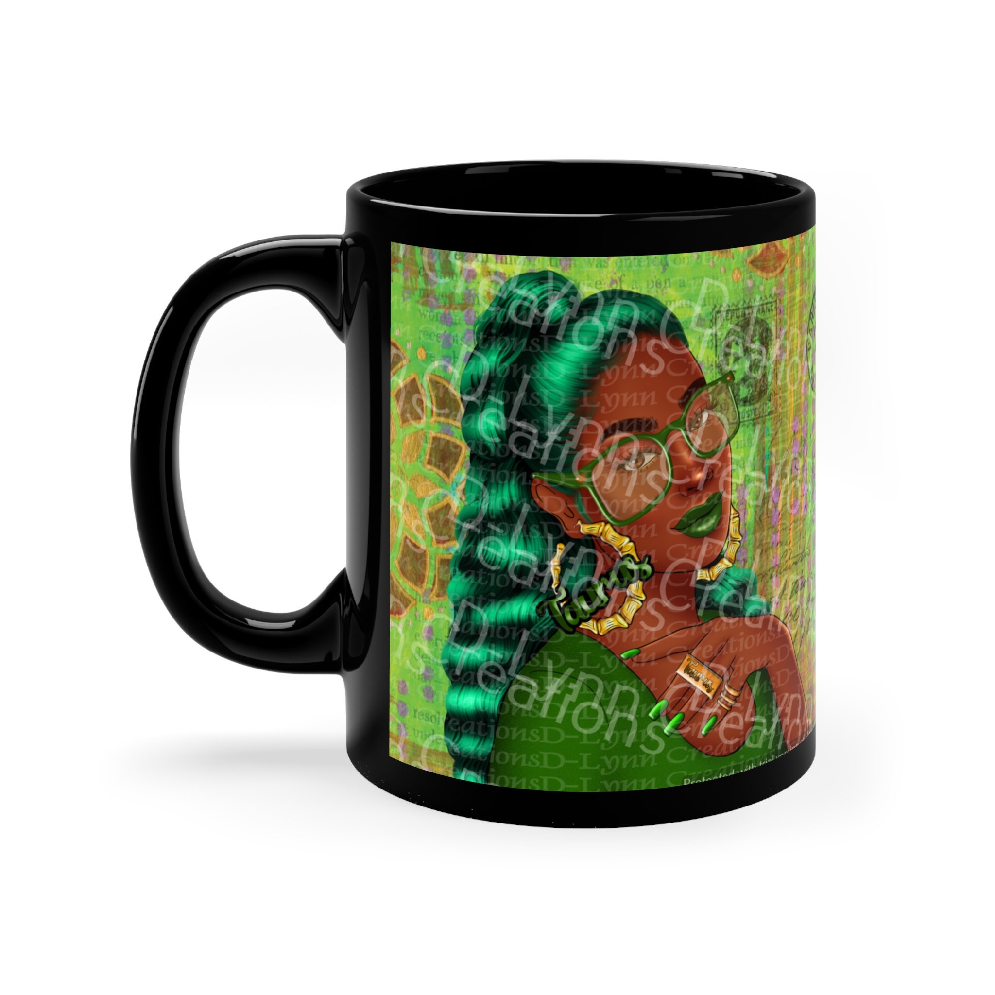 Her Zodiac Sign is Taurus, Dark Skinned Woman of Color 11oz Black Ceramic Mug (watermark removed whe
