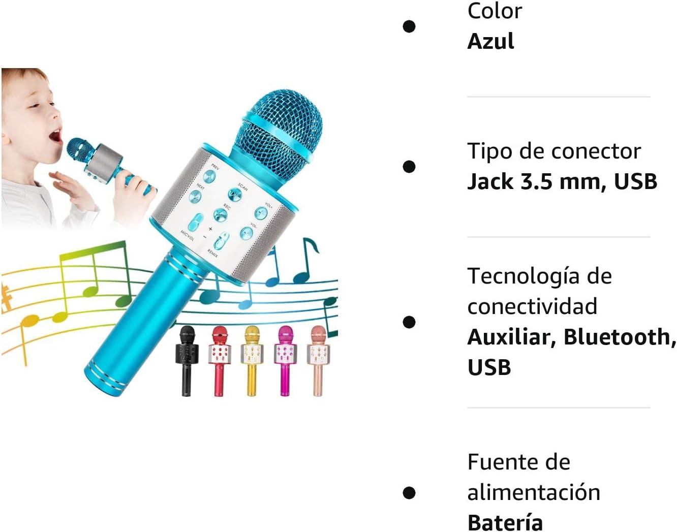 Micrófono Inalámbrico Bluetooth Karaoke, 5-en-1 Portátil Radio FM Karaoke Mic Altavoz Reproductor