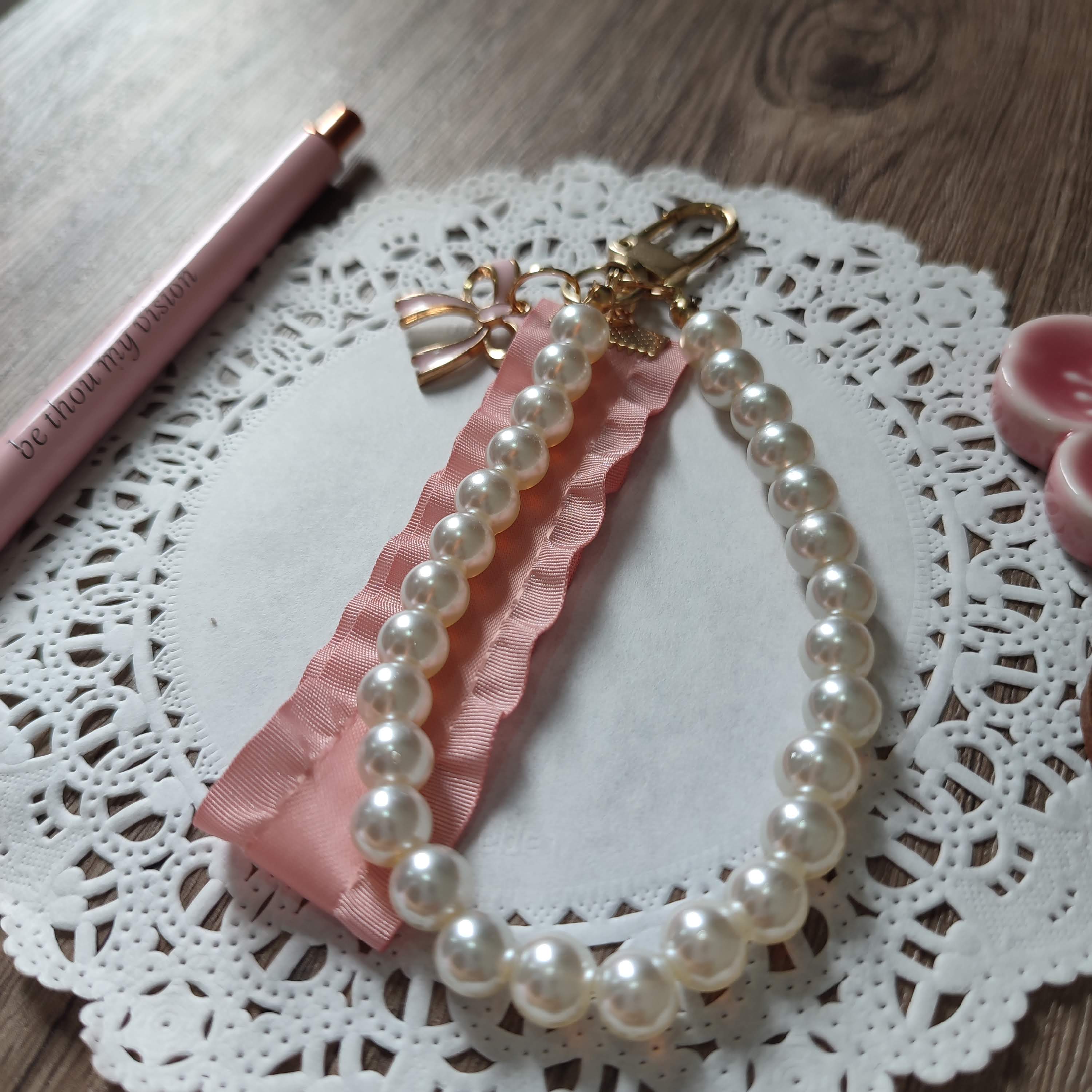 Pearl and Ribbon Keychain with Bow Charm (Pink Satin)
