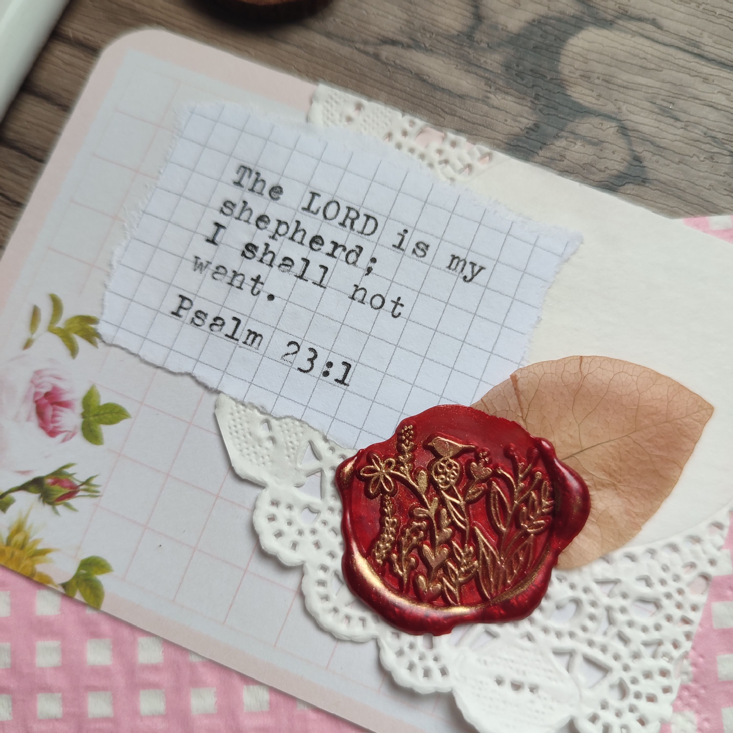 Journal Card Embellishment with wax seal (3x4 inches) - Psalm 23:1