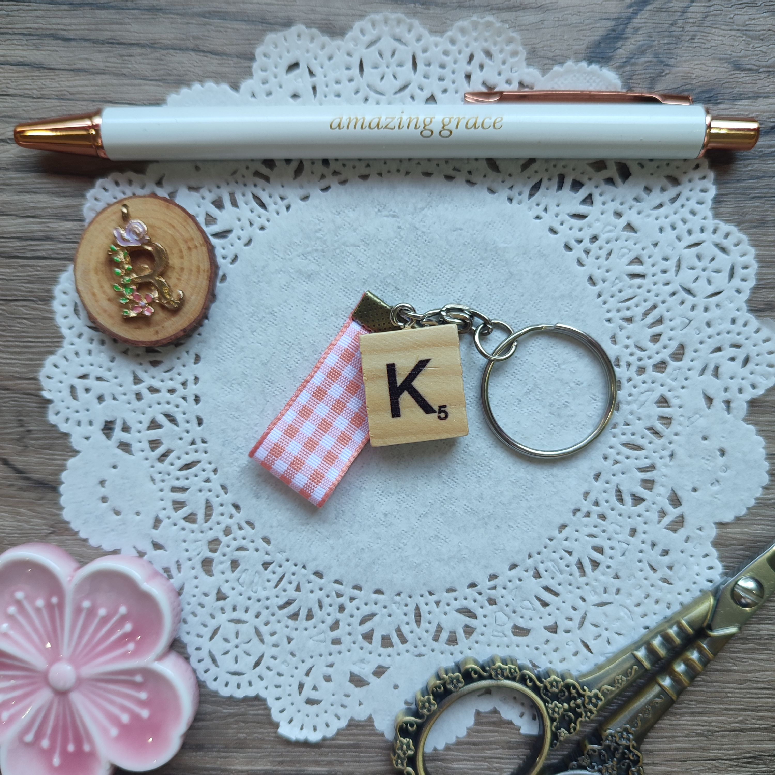 Monogram Scrabble Tile and Peach Plaid Ribbon Keychain (Letter K)