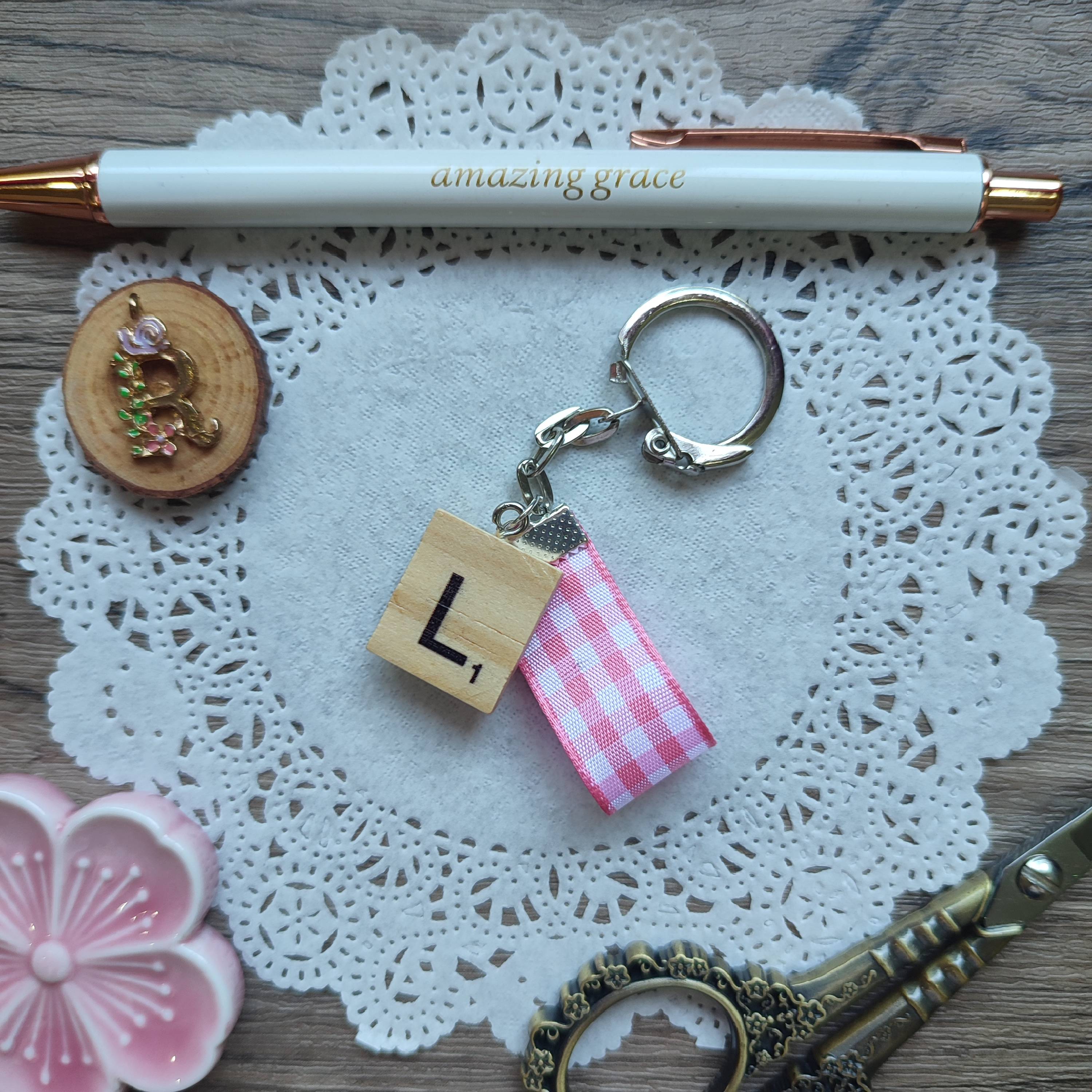 Monogram Scrabble Tile and Pink Plaid Ribbon Keychain (Letter L)