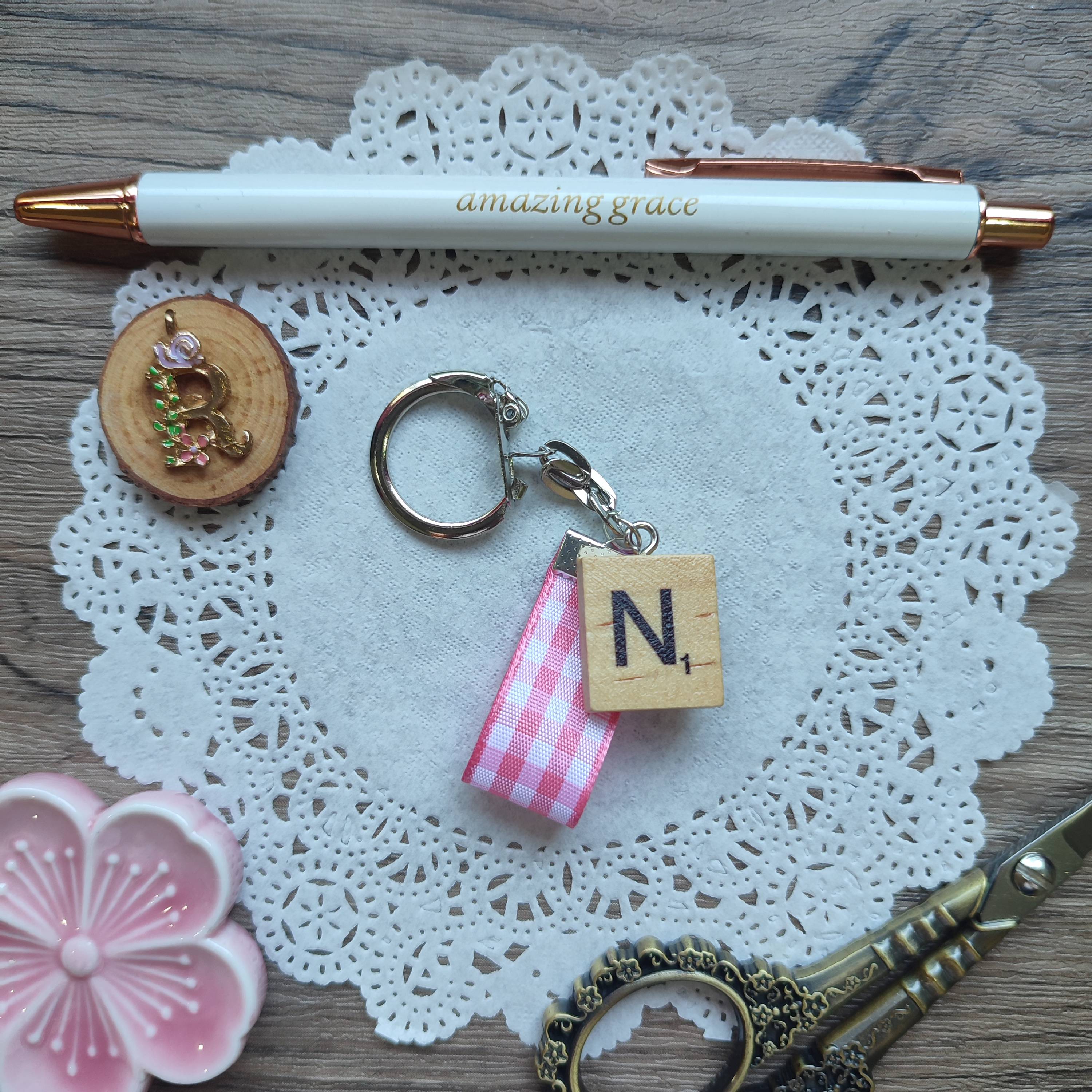 Monogram Scrabble Tile and Pink Plaid Ribbon Keychain (Letter N)
