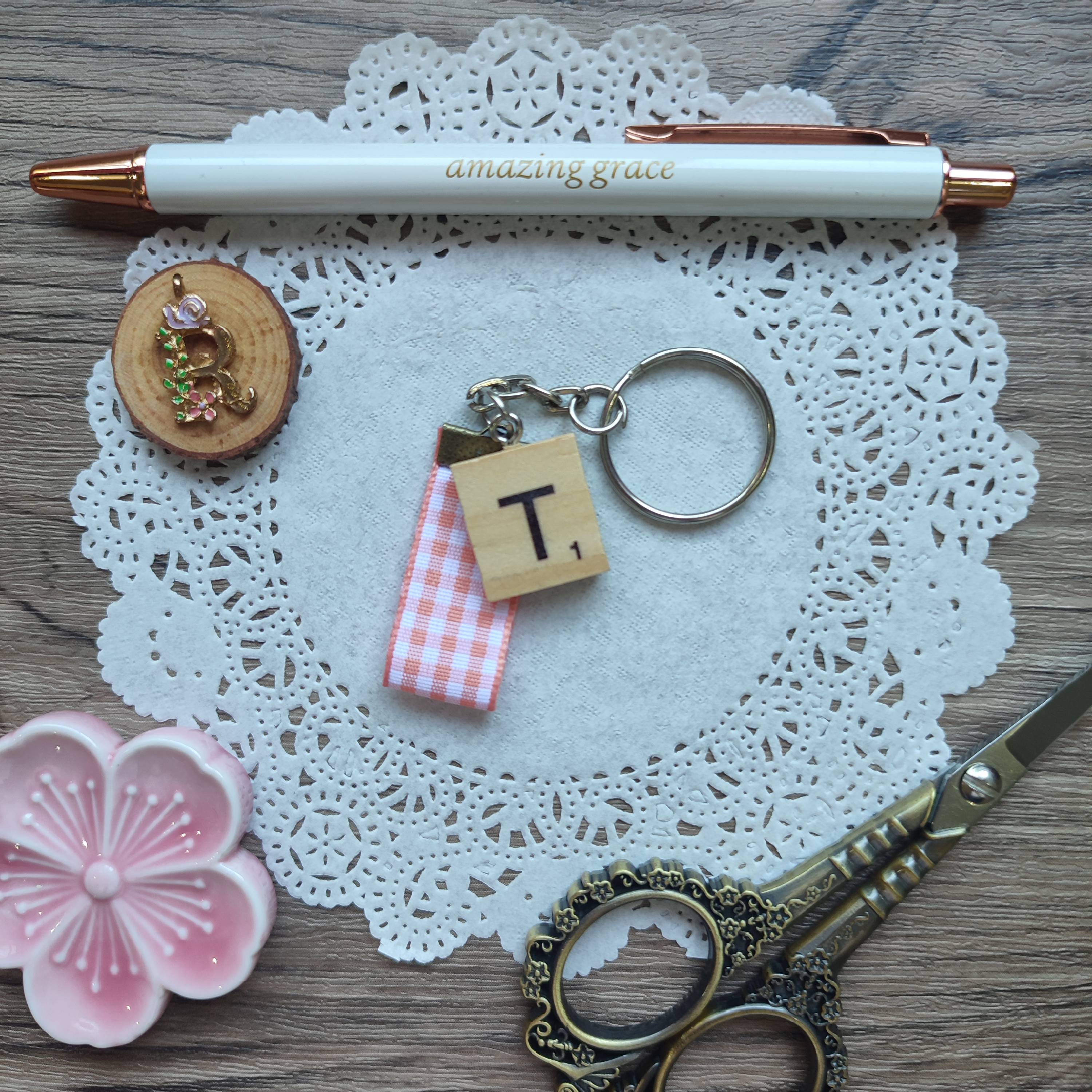 Monogram Scrabble Tile and Peach Plaid Ribbon Keychain (Letter T)