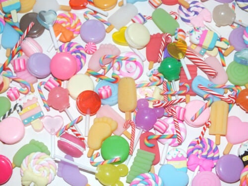 10 Pcs Fun Sweetie Time Fake Food Clay Flatback Resin Lolly's Lollipops Macaroon
