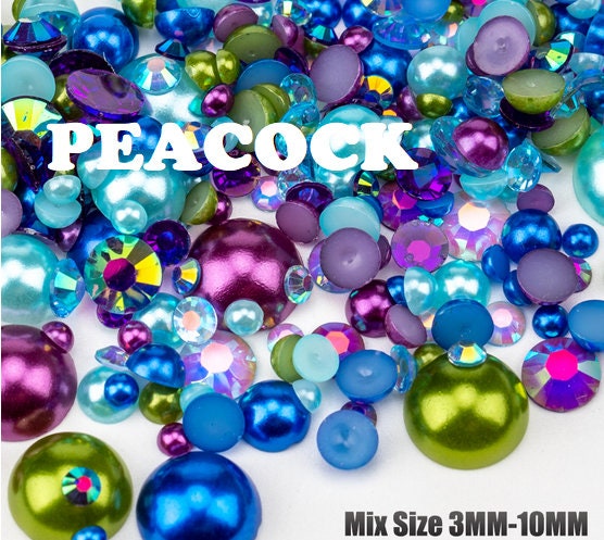 Peacock Blue Purple Green 500pcs Mixed Acrylic Resin Faux Half Pearls Rhinestone Gems AB DIY