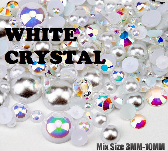 White Crystal 500pcs Mixed Acrylic Resin Faux Half Pearls Rhinestone Gems AB DIY