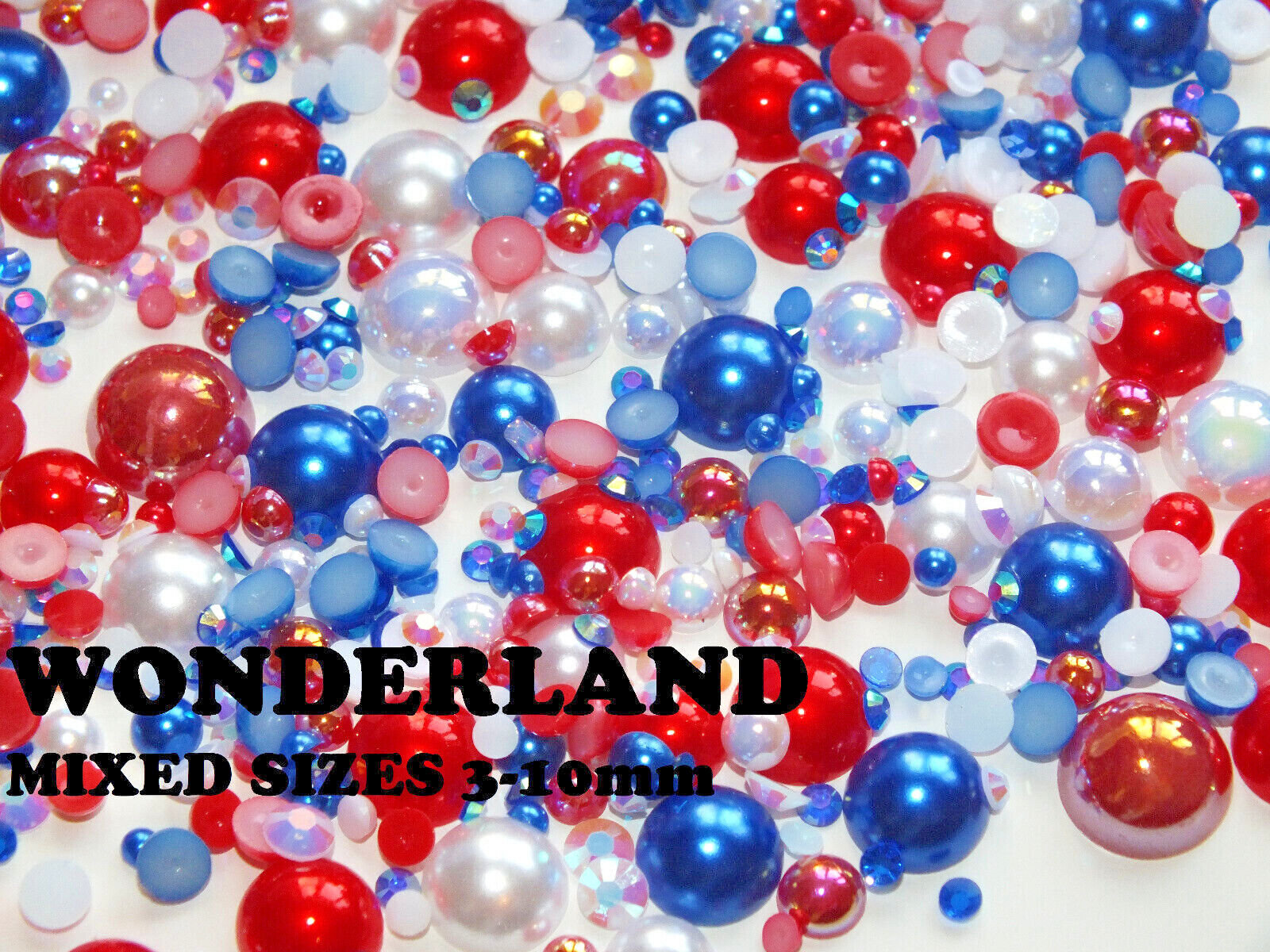 Wonderland Red White Blue 500pc Acrylic Resin Faux Half Pearls Rhinestone Gems