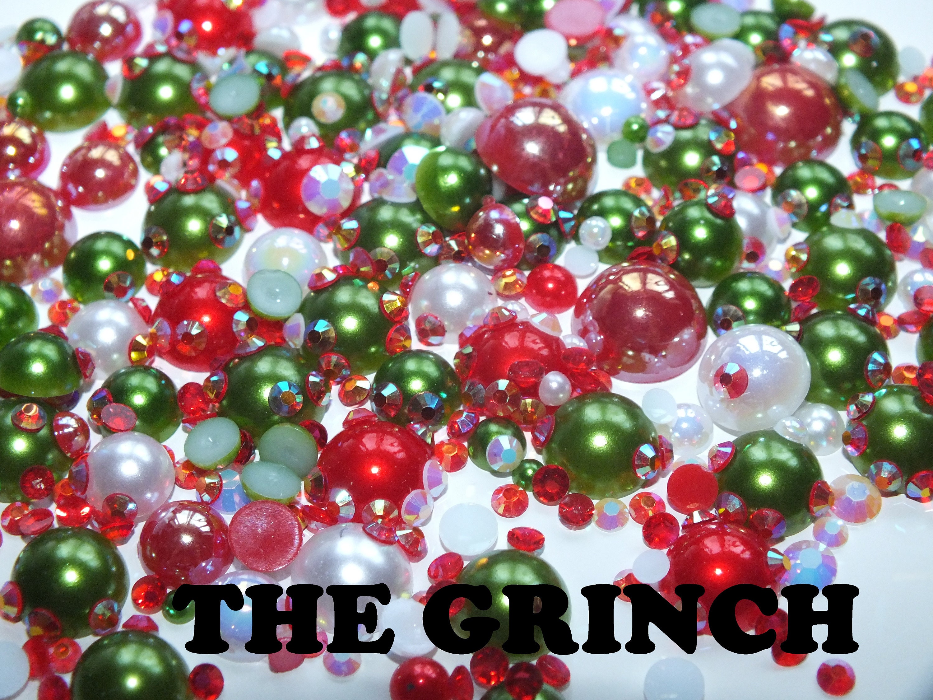 THE GRINCH red green white 500pcs Mixed Acrylic Resin Faux Half Pearls Rhinestone Gems