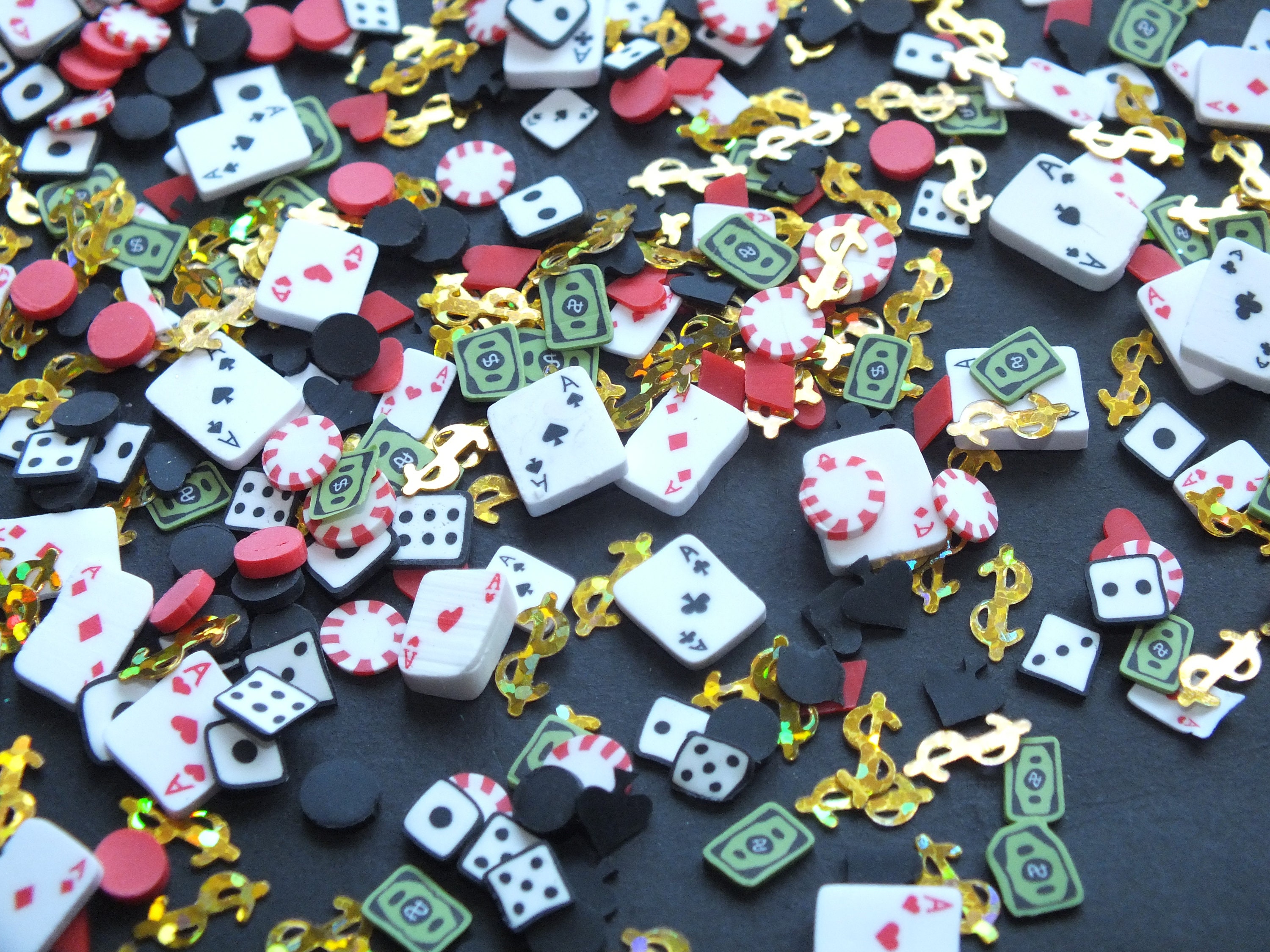 10g Bag Poker Night Mix Hearts Spade Club Diamond Dollars Bills Poker Chips Dice Playing Cards Polym