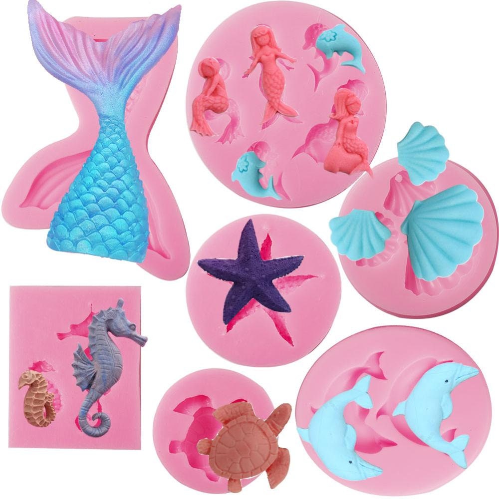 7 Piece Set Mermaid Tail Starfish Shell Turtle Seahorse Dolphin Shape Silicone Molds Soap Candle Fon