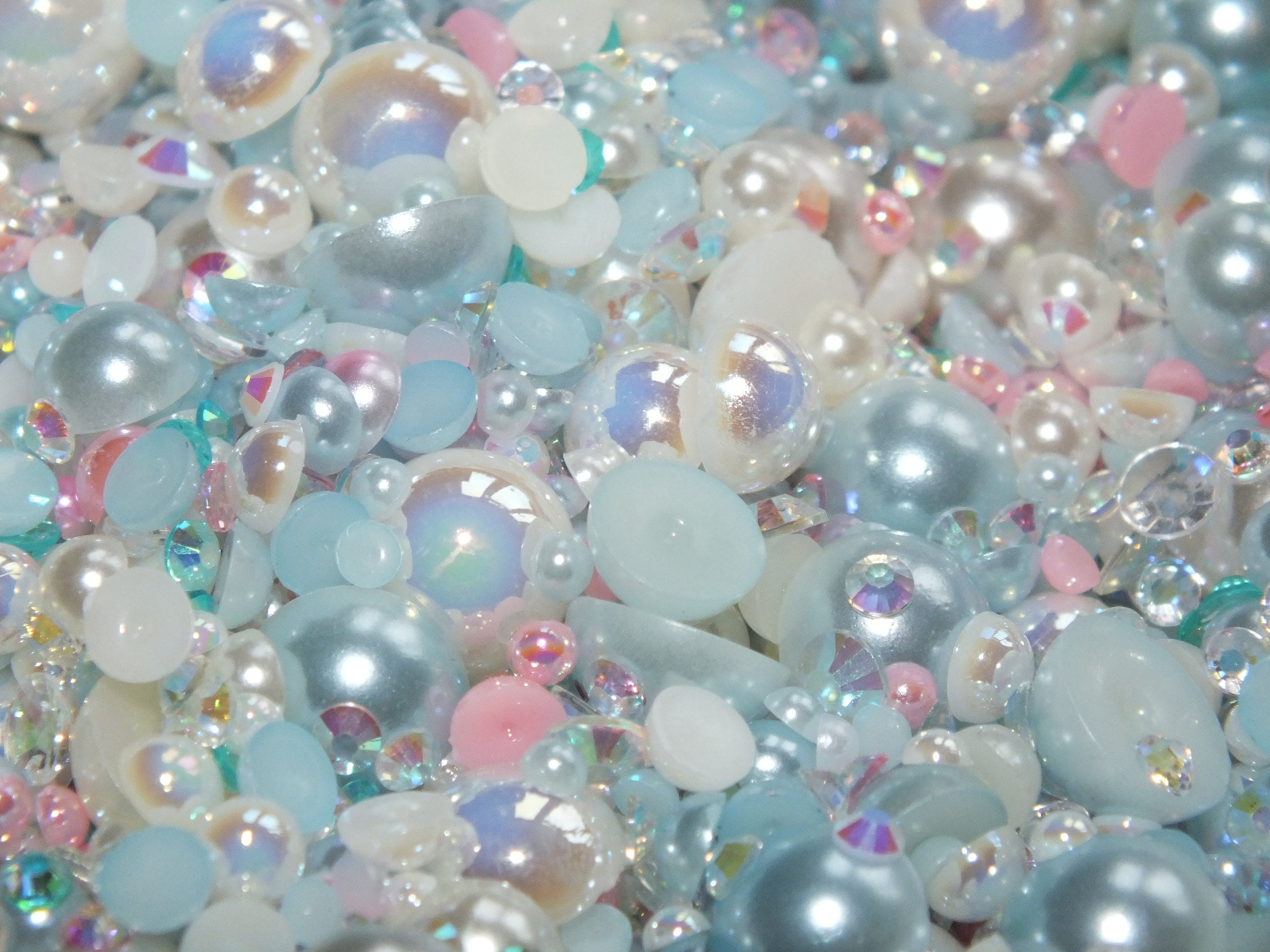 Pastel Mermaid Blue Ivory Pink 500pcs Mixed Acrylic Resin Faux Half Pearls Rhinestone Gems AB DIY